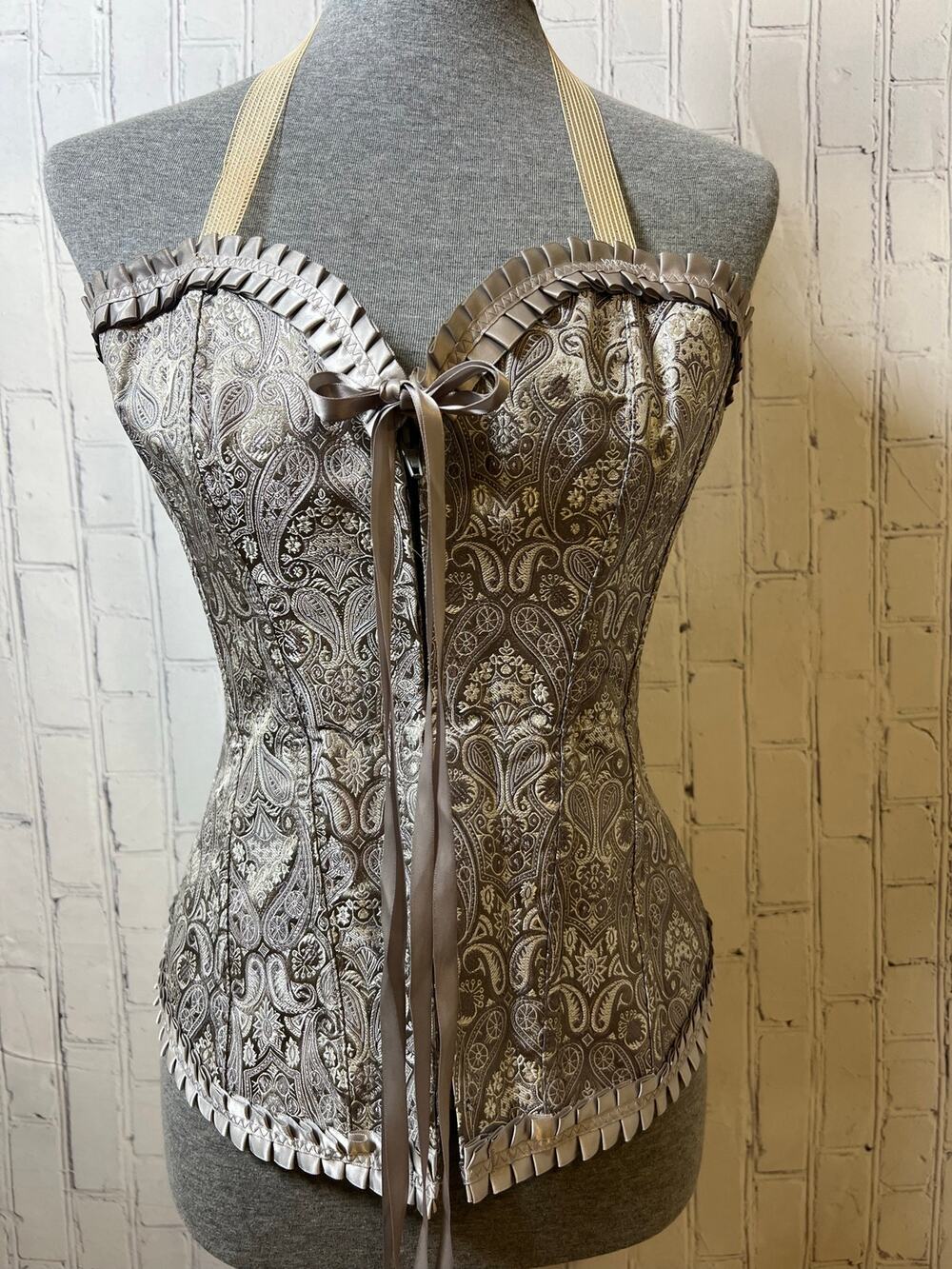 Silver Gray Paisley Brocade Overbust Corset Lace Up Ruffle Victorian Goth